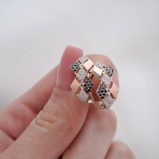 Silver set, ring and earrings, Rhombuses with gold plates and multi-colored zircons