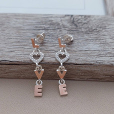 Silver stud earrings with gold soldering LOVE with a heart and white zircons