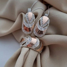 Silver set: ring and earrings with gold and cubic zirconia