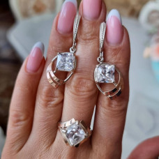 Silver set: ring and earrings with gold plates and large cubic zirconia
