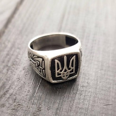 Silver signet ring Coat of arms of Ukraine Trident with black enamel