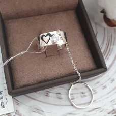 Срібна каблучка подвійна з фіанітом і ланцюжком