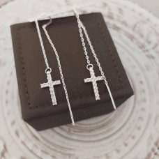 Сережки протяжки срібні з хрестиками та фіанітами