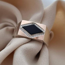 Silver ring with a gold plate, black onyx and zircons