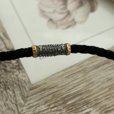 Шнур на шию чорний зі сріблом позолотою та охоронним написом тканинний