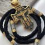 Комплект хрестик срібний з чорнінням і позолотою та плетений шнурок з охоронним написом чоловічий