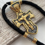 Комплект хрестик срібний з чорнінням і позолотою та плетений шнурок з охоронним написом чоловічий