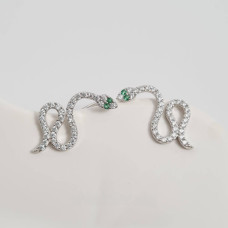 Сережки кафи срібні змії з білими та зеленими фіанітами