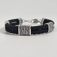 Браслет чорний зі срібними вставками з образами святих шовковий на руку