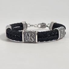 Браслет чорний зі срібними вставками з образами святих шовковий на руку
