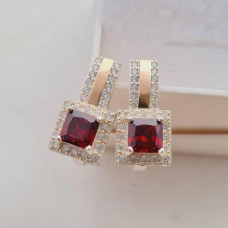 Silver earrings with gold-plated round white and square red zircons