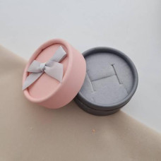 Round cardboard box for ring and earrings, pink with gray and bow