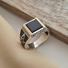 Men's silver ring with gold soldering, onyx and blackening